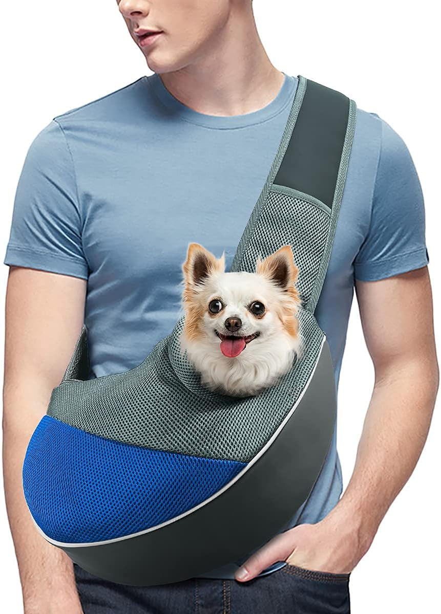 Dog Cat Sling Carrier Adjustable Padded Shoulder Strap with Mesh Pocket for Outdoor Travel (M - up to 10 Lbs, Blue-Mesh)